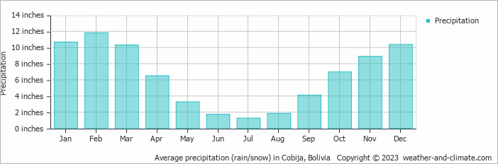 Average precipitation (rain/snow) in Cobija, Bolivia   Copyright © 2023  weather-and-climate.com  