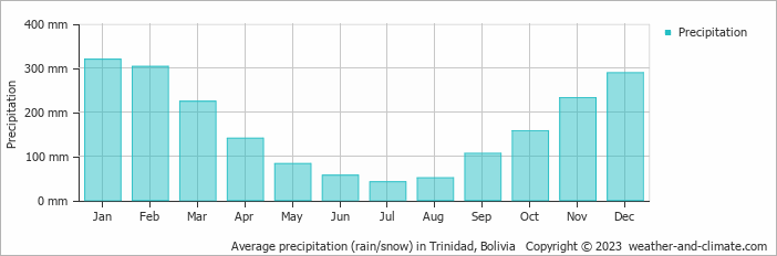 Average monthly rainfall, snow, precipitation in Trinidad, Bolivia