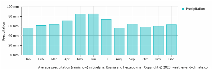 Average monthly rainfall, snow, precipitation in Bijeljina, 
