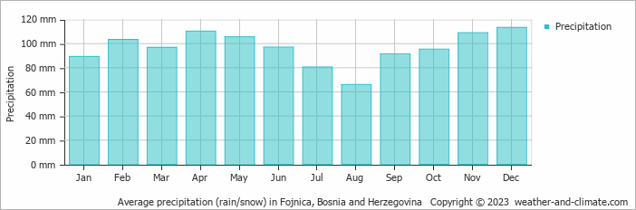 Average monthly rainfall, snow, precipitation in Fojnica, Bosnia and Herzegovina