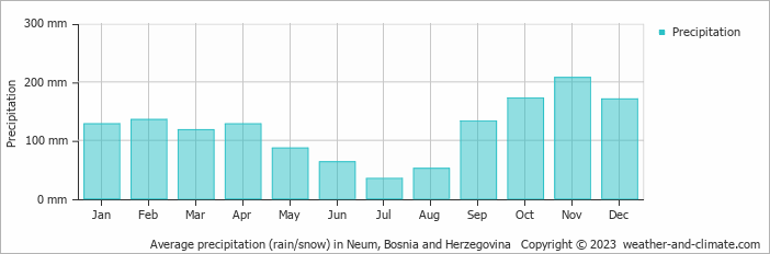 Average monthly rainfall, snow, precipitation in Neum, 