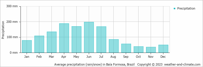 Average monthly rainfall, snow, precipitation in Baía Formosa, Brazil