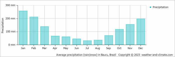 Average monthly rainfall, snow, precipitation in Bauru, Brazil
