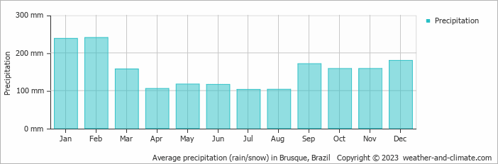 Average monthly rainfall, snow, precipitation in Brusque, Brazil