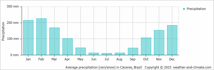 Average monthly rainfall, snow, precipitation in Cáceres, Brazil