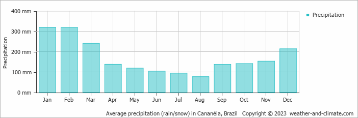 Average monthly rainfall, snow, precipitation in Cananéia, Brazil