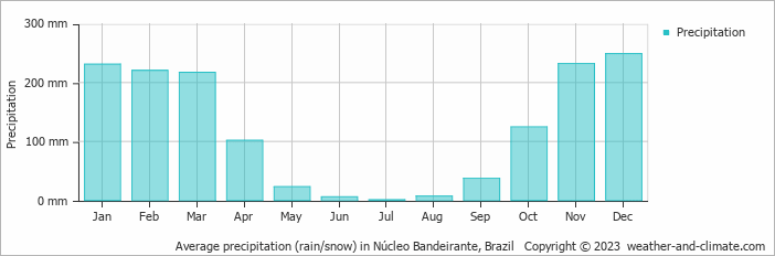 Average monthly rainfall, snow, precipitation in Núcleo Bandeirante, Brazil