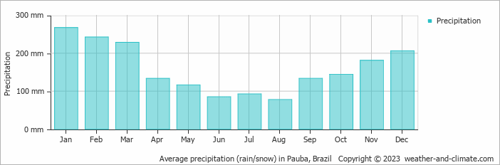 Average monthly rainfall, snow, precipitation in Pauba, Brazil