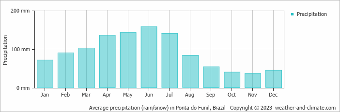 Average monthly rainfall, snow, precipitation in Ponta do Funil, Brazil