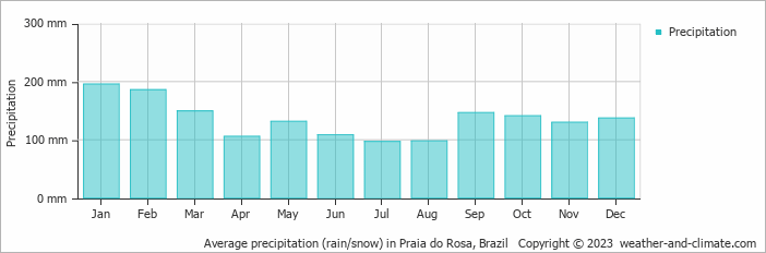 Average monthly rainfall, snow, precipitation in Praia do Rosa, 
