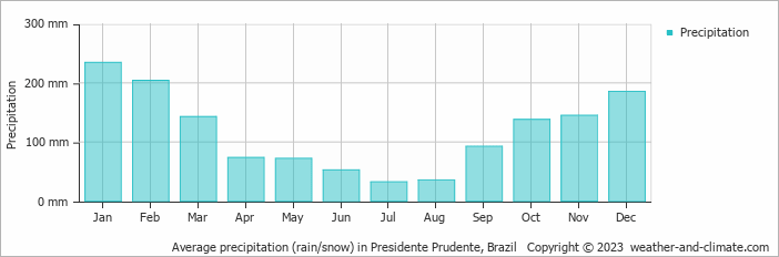 Average monthly rainfall, snow, precipitation in Presidente Prudente, Brazil