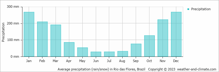 Average monthly rainfall, snow, precipitation in Rio das Flores, Brazil