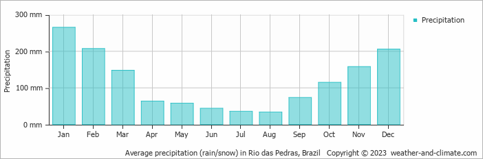 Average monthly rainfall, snow, precipitation in Rio das Pedras, Brazil