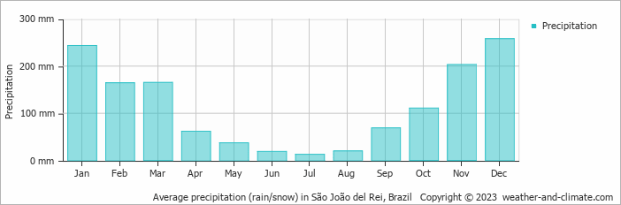 Average monthly rainfall, snow, precipitation in São João del Rei, Brazil