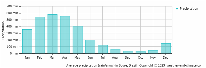 Average monthly rainfall, snow, precipitation in Soure, 