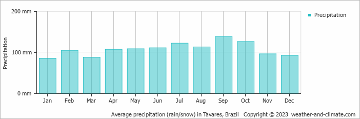 Average monthly rainfall, snow, precipitation in Tavares, Brazil