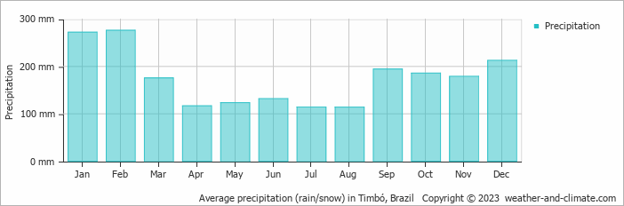 Average monthly rainfall, snow, precipitation in Timbó, Brazil