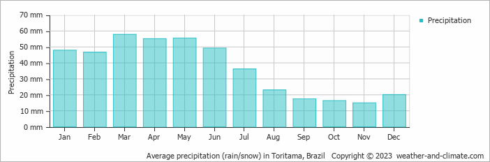 Average monthly rainfall, snow, precipitation in Toritama, 