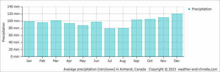 Average monthly rainfall, snow, precipitation in Amherst, Canada