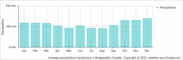 Average monthly rainfall, snow, precipitation in Bridgewater, Canada
