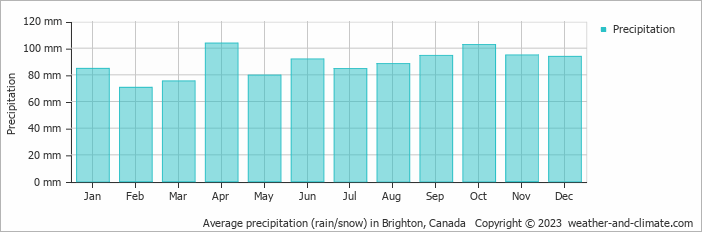 Average monthly rainfall, snow, precipitation in Brighton, Canada