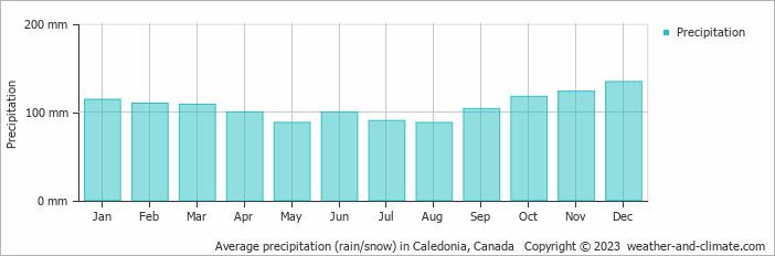 Average monthly rainfall, snow, precipitation in Caledonia, Canada