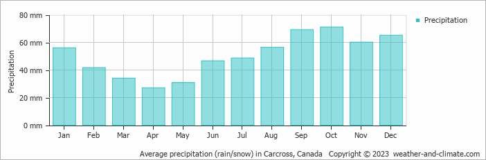 Average monthly rainfall, snow, precipitation in Carcross, Canada
