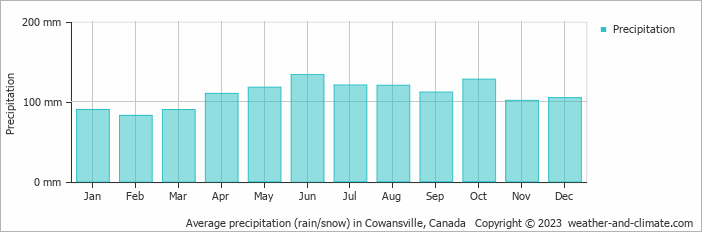 Average monthly rainfall, snow, precipitation in Cowansville, Canada