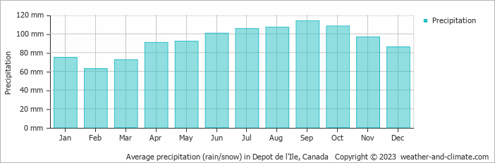 Average monthly rainfall, snow, precipitation in Depot de l'Ile, Canada
