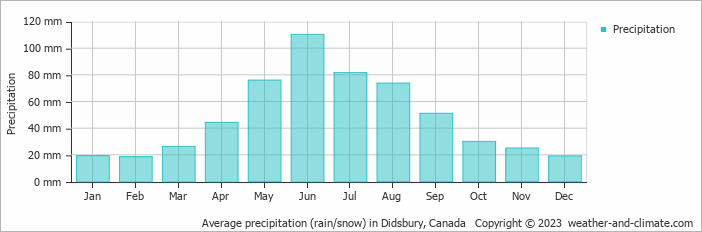 Average monthly rainfall, snow, precipitation in Didsbury, Canada