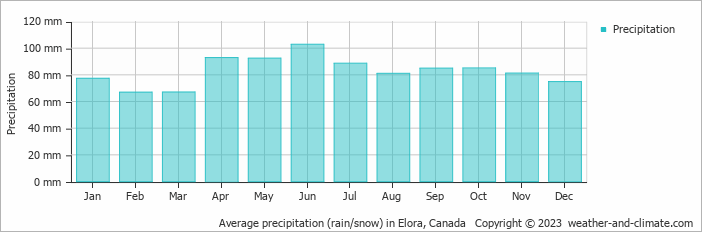 Average monthly rainfall, snow, precipitation in Elora, Canada
