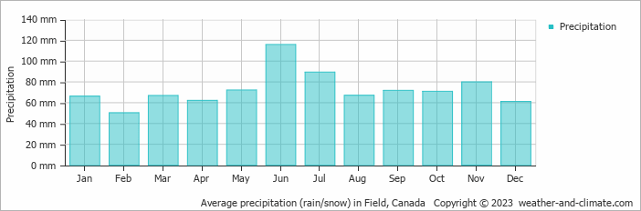 Average monthly rainfall, snow, precipitation in Field, Canada