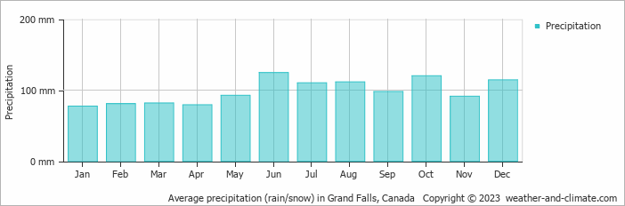 Average monthly rainfall, snow, precipitation in Grand Falls, Canada