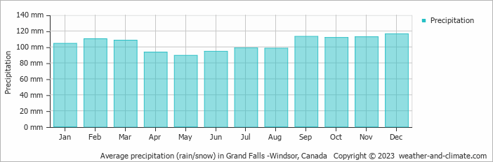 Average monthly rainfall, snow, precipitation in Grand Falls -Windsor, Canada