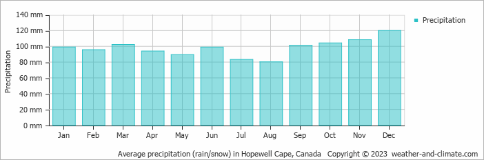 Average monthly rainfall, snow, precipitation in Hopewell Cape, Canada