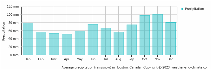 Average monthly rainfall, snow, precipitation in Houston, Canada
