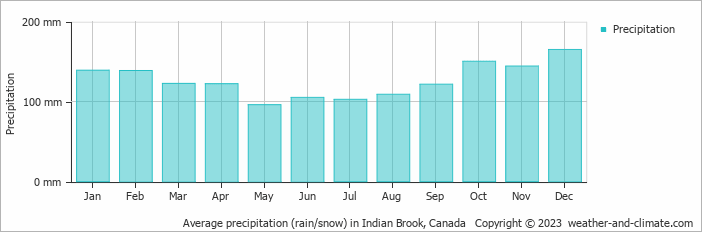 Average monthly rainfall, snow, precipitation in Indian Brook, Canada