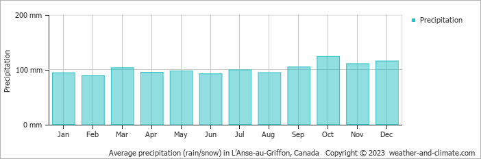 Average monthly rainfall, snow, precipitation in L’Anse-au-Griffon, Canada