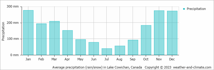 Average monthly rainfall, snow, precipitation in Lake Cowichan, Canada
