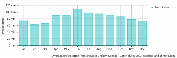 Average monthly rainfall, snow, precipitation in Lindsay, Canada