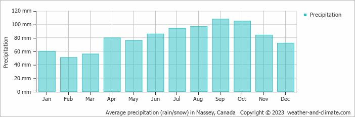 Average monthly rainfall, snow, precipitation in Massey, Canada