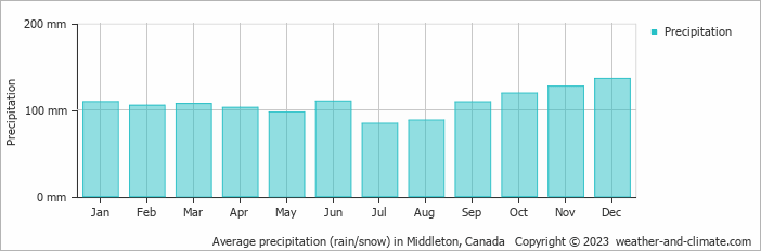 Average monthly rainfall, snow, precipitation in Middleton, Canada