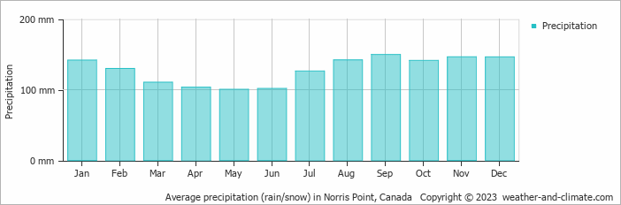 Average monthly rainfall, snow, precipitation in Norris Point, Canada