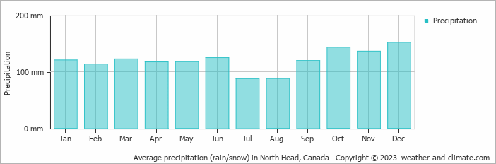 Average monthly rainfall, snow, precipitation in North Head, Canada