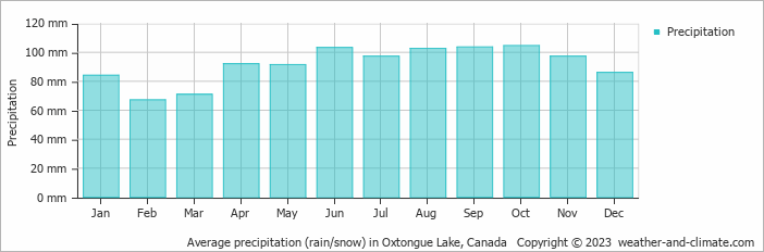 Average monthly rainfall, snow, precipitation in Oxtongue Lake, Canada