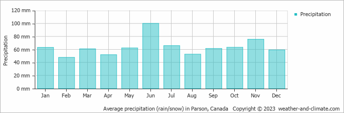 Average monthly rainfall, snow, precipitation in Parson, Canada