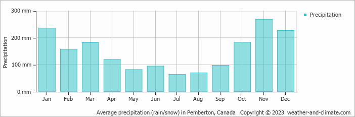 Average monthly rainfall, snow, precipitation in Pemberton, Canada