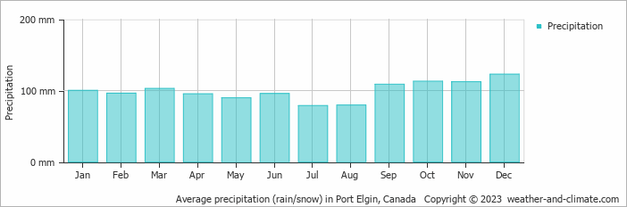Average monthly rainfall, snow, precipitation in Port Elgin, Canada