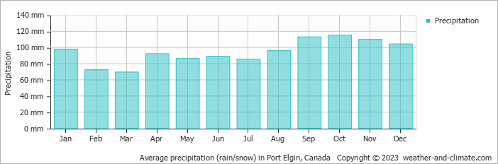 Average monthly rainfall, snow, precipitation in Port Elgin, Canada