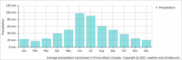 Average monthly rainfall, snow, precipitation in Prince Albert, Canada